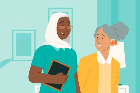 cartoon illustration of a support worker interacting with an older person