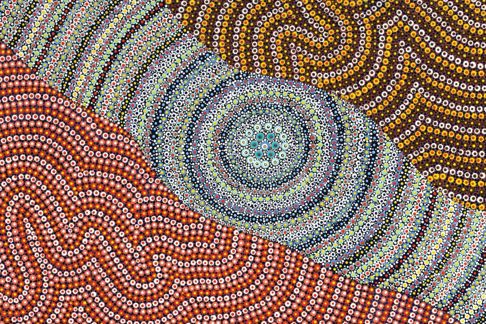 Artwork by  Eulalia Martin representing iLA, with the river of blue, yellow, and orange representing the Derbarl Yerrigan and iLA expanding into the community. The roots and hands of the flowing river represent a strong foundation of people reaching out to help others.