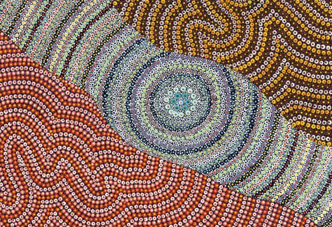 Artwork by  Eulalia Martin representing iLA, with the river of blue, yellow, and orange representing the Derbarl Yerrigan and iLA expanding into the community. The roots and hands of the flowing river represent a strong foundation of people reaching out to help others.