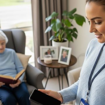 Age care support worker using an Ai App on her mobile phone
