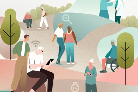 artwork depicting a range of people using various assistive technologies