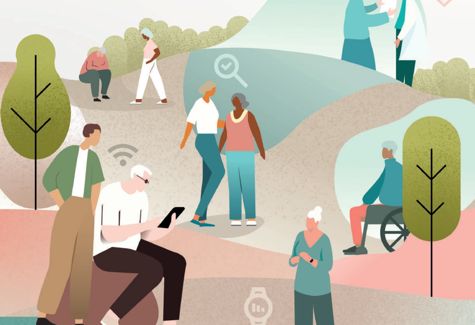 artwork depicting a range of people using various assistive technologies