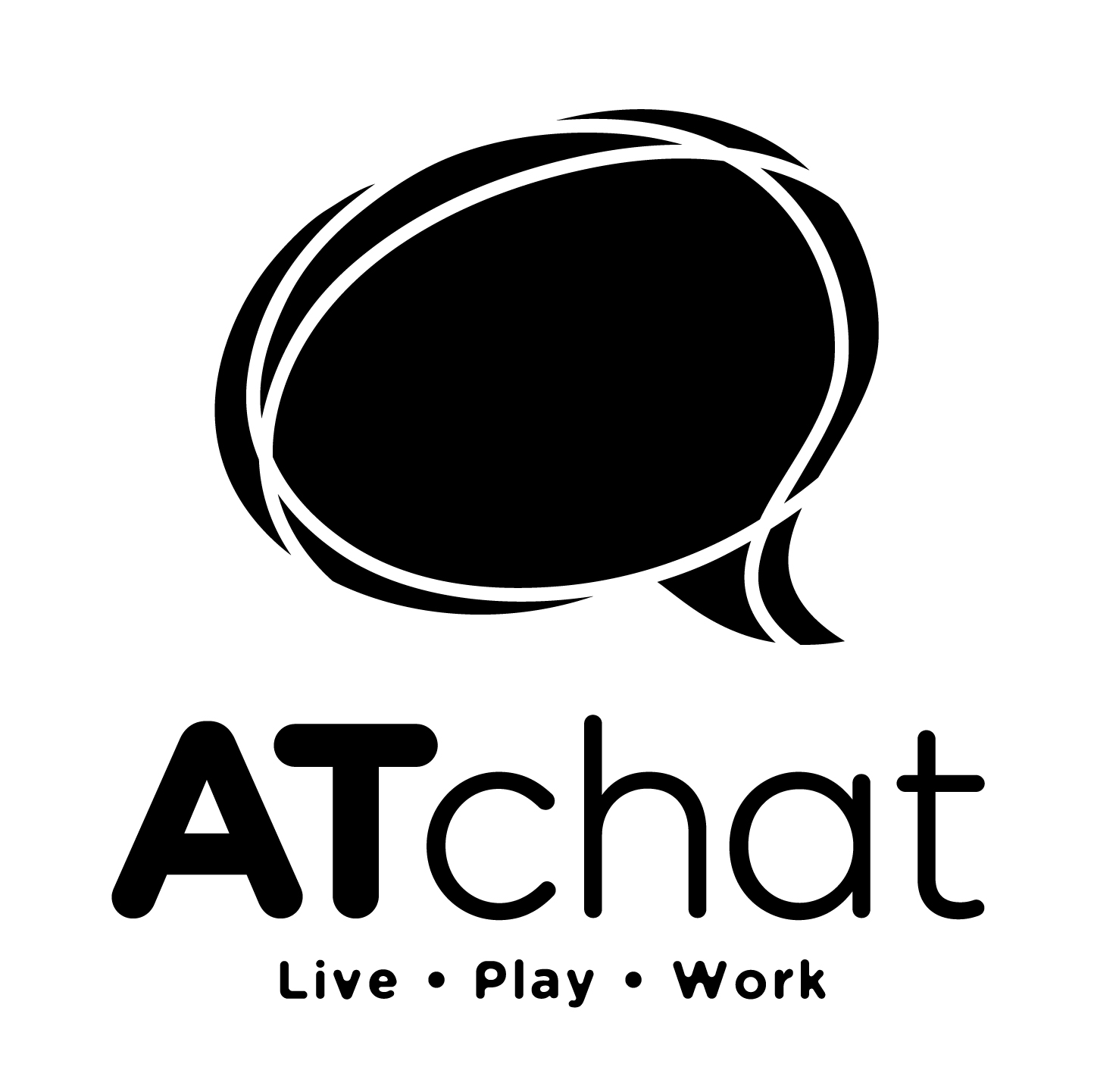Full AT Chat logo Black and white speech bubble with the words AT Chat, live, play, work underneath