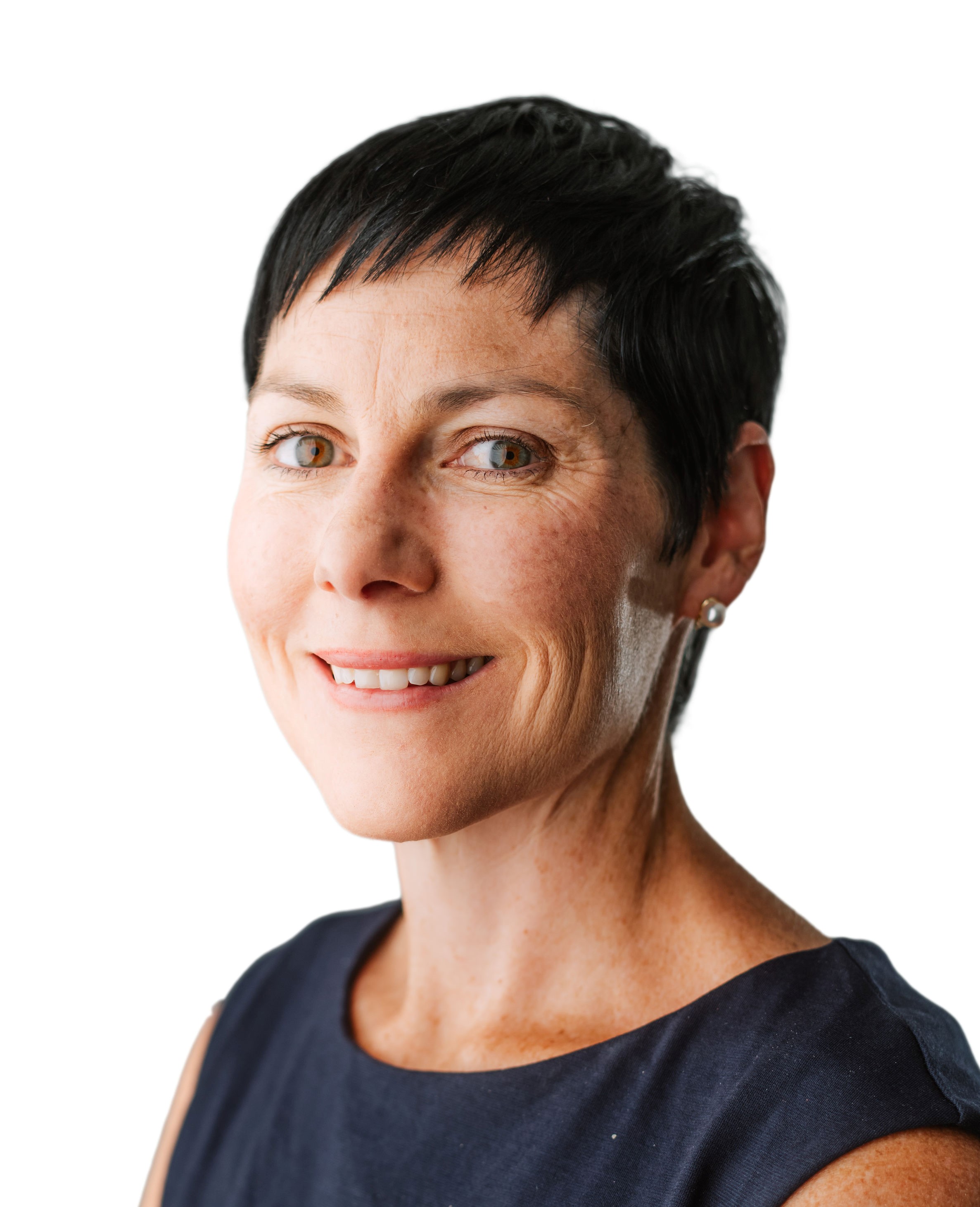 Cate Thomas crop Smiling professional woman with short dark hair and navy dress