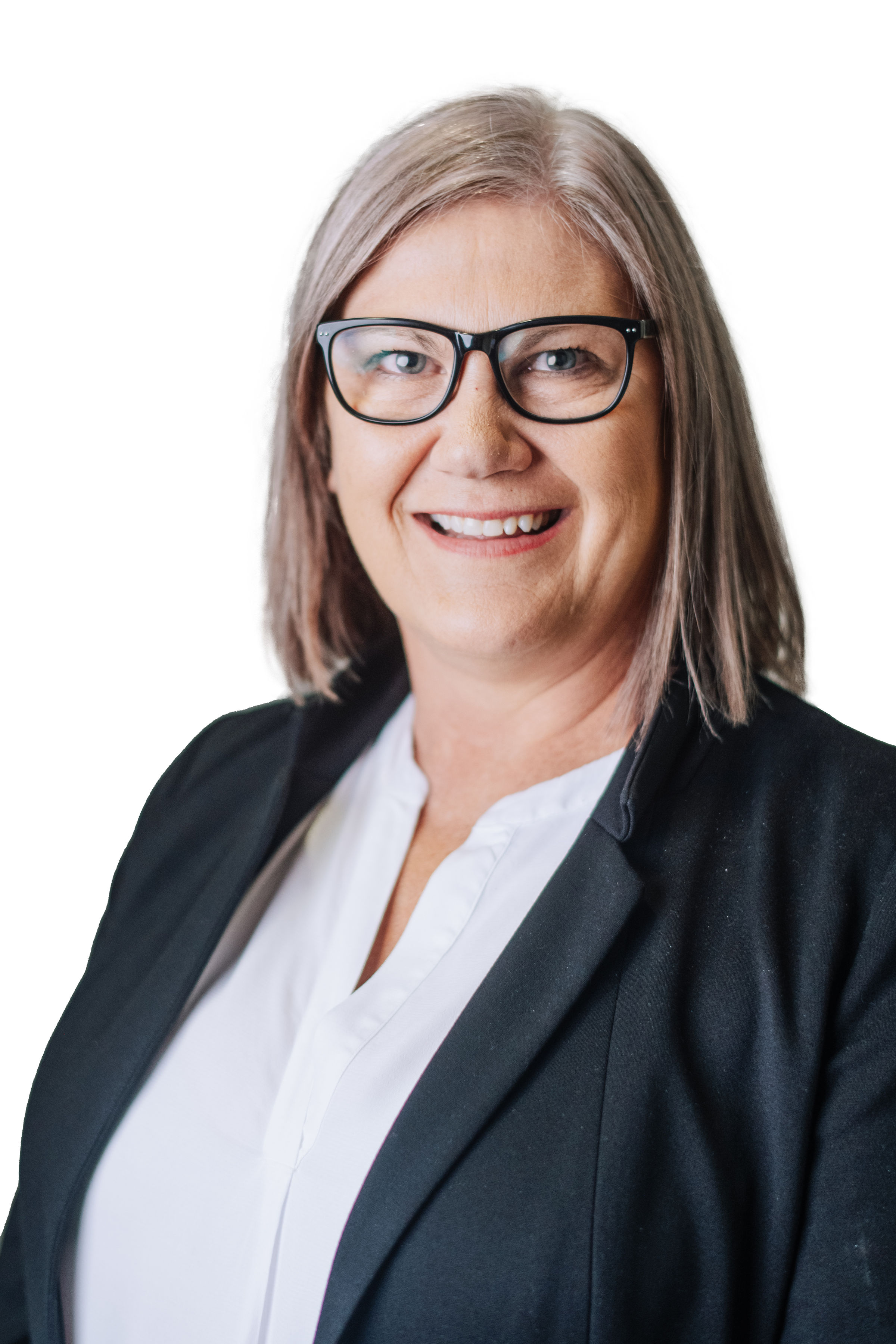 Professional woman, with grey bob, smiling